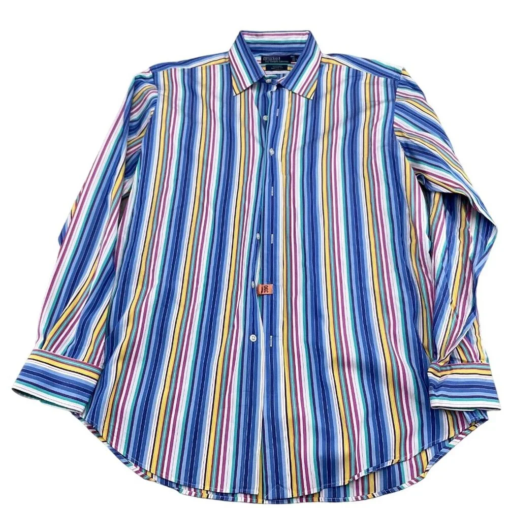 Polo Ralph‎ Lauren Shirt Men Large Blue Yellow Rainbow Stripe Curham Cotton